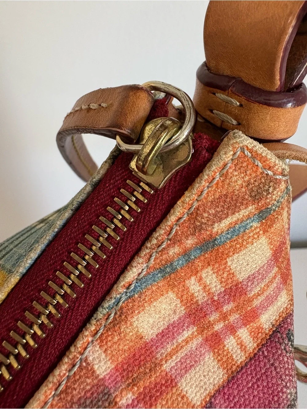 RARE Vtg Dooney & Bourke Picnic with Ants Madras Plaid Hobo Bag | Y2K Boho Chic - Picture 14 of 14